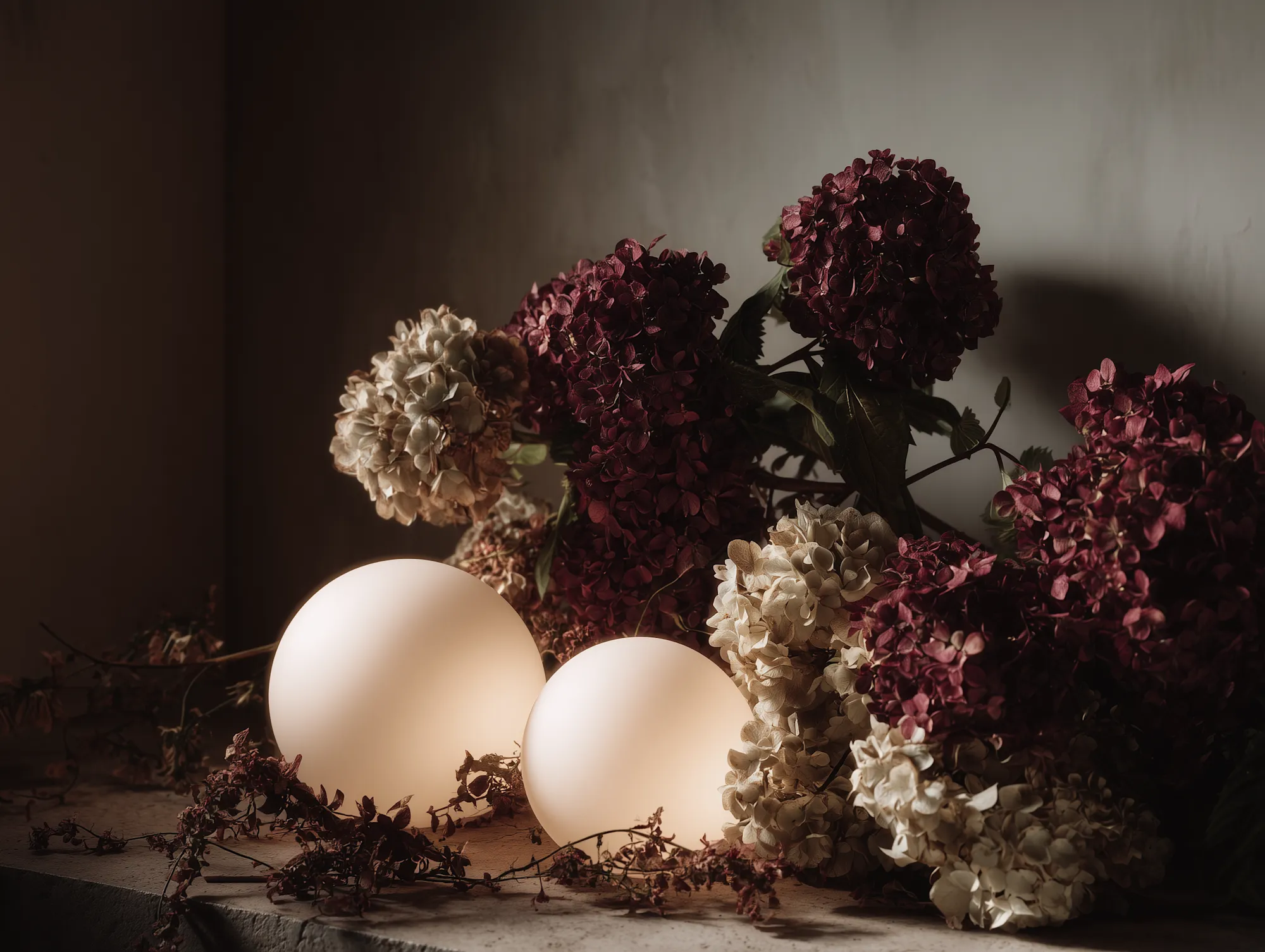 soft ambient still life with glowing spherical light