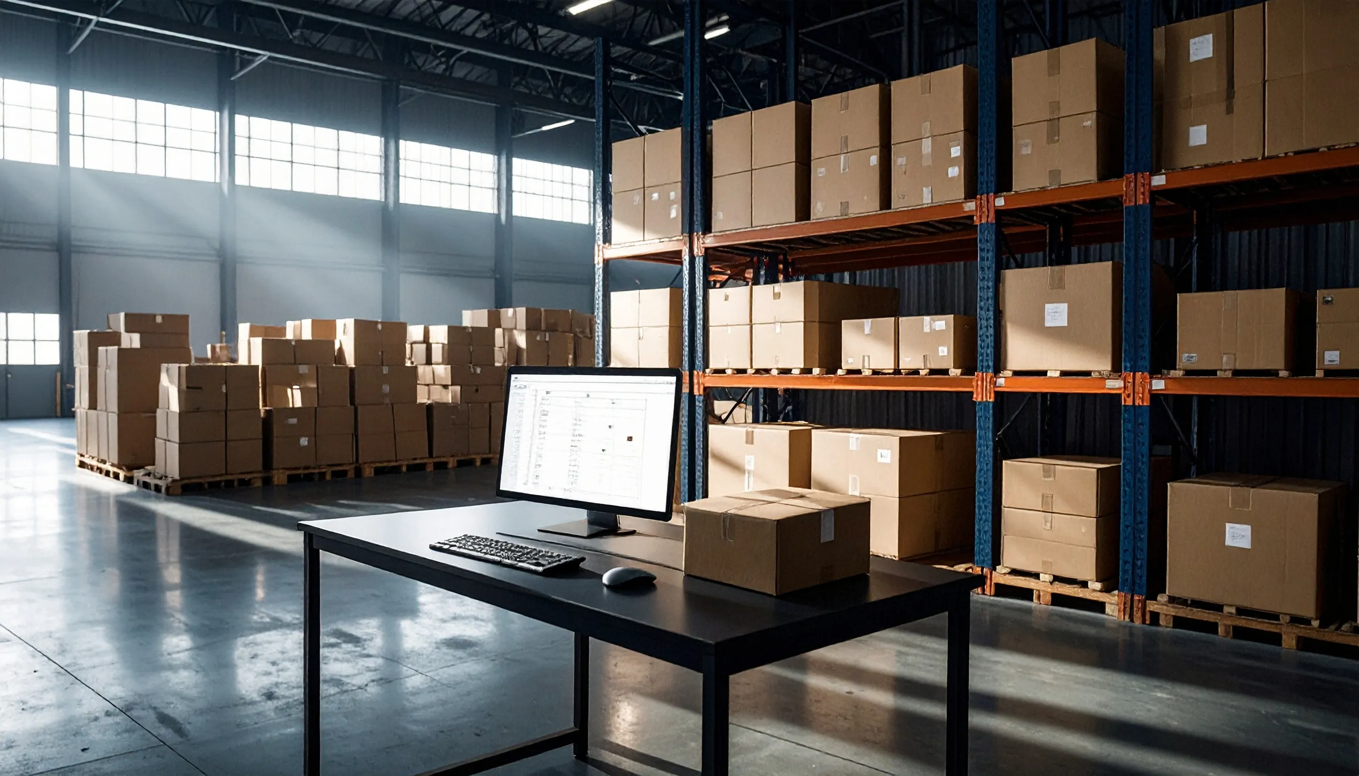 Firefly Et realistisk lager med en computer i forgrunden. På et bord ved siden af står papkas 323746