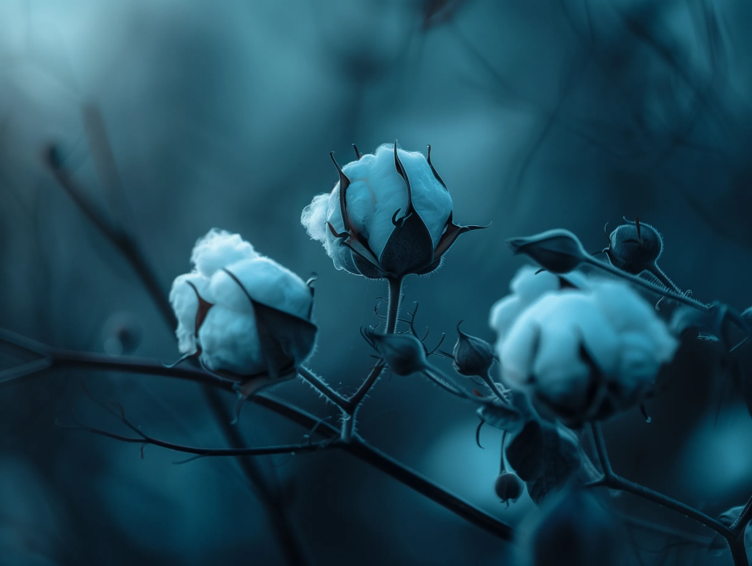 cotton plant close-up dusty dark blue colours realistic