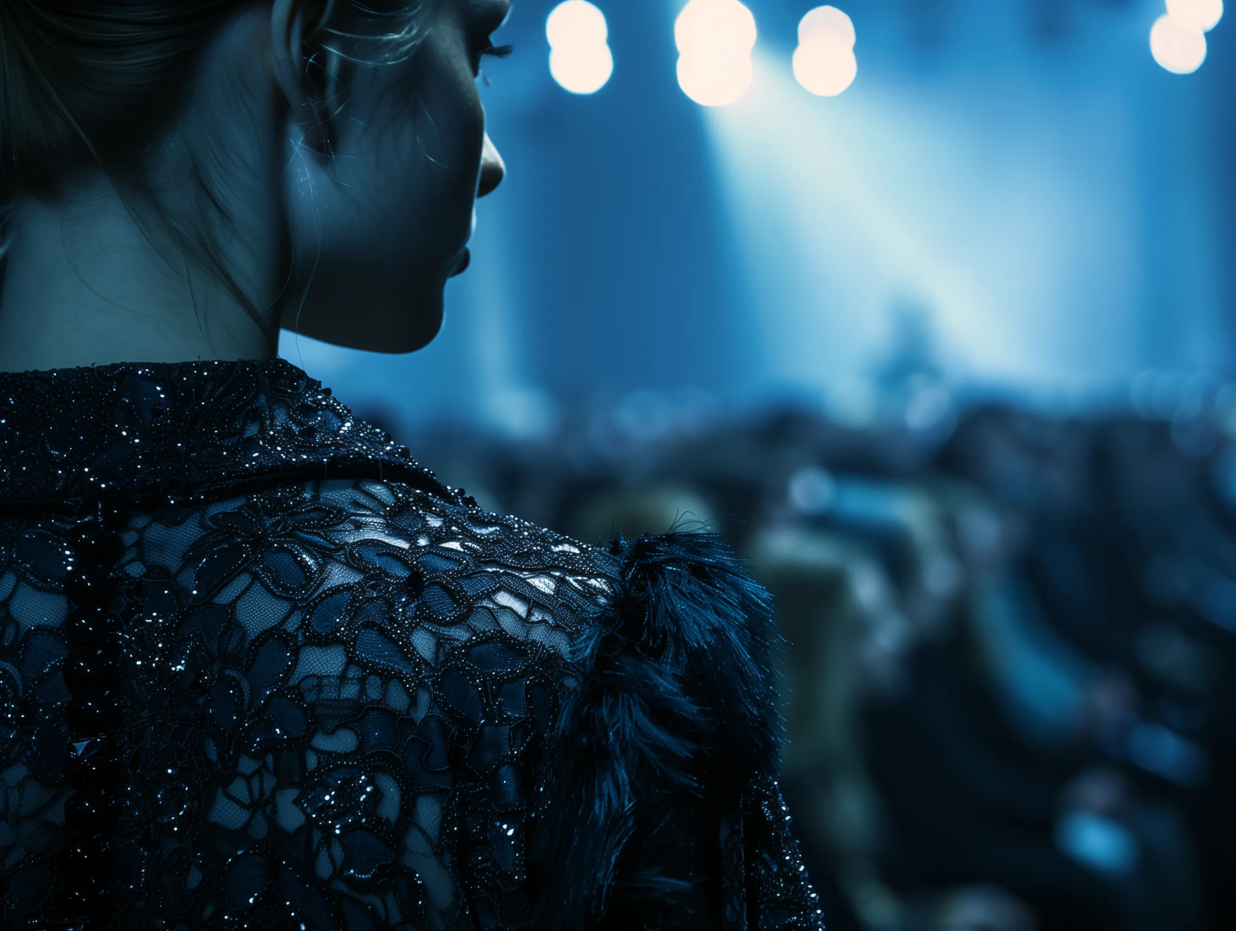 fashion show catwalk with audience close-up dark blue